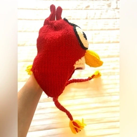 Vintage Angry Birds Wool Hat with Tassels Crochet Knit Red White Yellow Black - Picture 6 of 11
